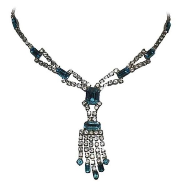 Vintage Costume Blue and White Silver Tone Rhinestone Necklace